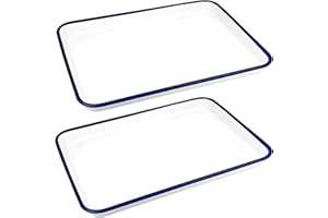 Axincardarm 2 Pack Enamel Baking Tray 38 x 28cm Enamel Bake Pan White with Blue Rim Enamels Roasting Baking Trays, Rectangular Enamelware Cookware for Kitchen