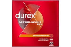 ‎DUREX Durex Gefühlsecht XXL Kondome – Dünne Kondome mit großer Passform & mit Silikongleitgel befeuchtet, transparent, angenehmer Geruch - für einen komfortablen Sit – 30er Pack (1 x 30 Stück)