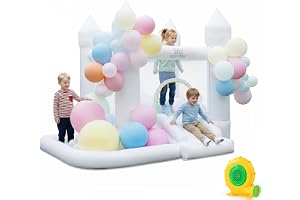 COSTWAY Hoppslott med fläkt, rutschkana, hoppplats, basketkorg | Bouncy Castle med 100 ballonger och bollbad för barn inomhus och utomhus vit – 252 x 242 x 191 cm