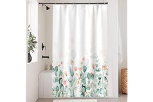 Uiiooazy Cortina Ducha Hojas de Eucalipto, Cortina de Ducha Hojas Verde Flor Rosa Cortina De Baño Antimoho Impermeable Poliéster Lavable Opaco Cortina para Ducha con Ganchos para Bañeras 120x180cm