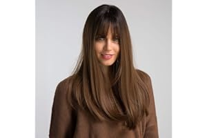 HAIRCUBE Pelucas Ombre rectas Nature de 20 pulgadas para mujeres blancas Raíz negra con pelucas sintéticas de cabello castaño con Blunt Bang (12/35)