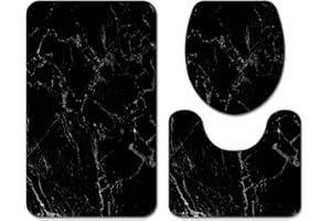 STICKER SUPERB. Set di Tappeti da Bagno Tappetino da Bagno Antiscivolo in Memory Foam Copriwater Set da 3 Pezzi, Tappeto con Profilo a U in Flanella Marmo Modello 3D, Zerbino, Copertura (Nero,60×90 cm 3PCS)
