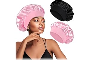 OIXYAZ 2 Piezas Gorro de Seda para Dormir,Gorro Saten Pelo Rizado Ajustable,Silk bonnet,Gorros de Noche para Mujeres y Niñas,Bonnet de Satén de Dos Capas (Rosa coral/Negro)
