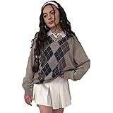Y2k Sweater Oversized V-neck Pullover Street Ladies Harajuku Argyle Plaid Fashion Retro Aesthetic Knit Top