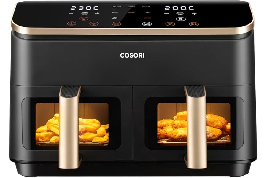 COSORI Air Fryer Double Basket, 8.5 Litre Large Capacity Air Fryer, 8 in 1 Function, 35-230°C, Fast and Efficient, Window, CAF-R903, Gold