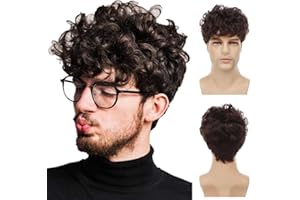 ‎SIUDUS Siudus Herren kurze lockige braune Perücke mit Bangs Natürlich aussehende flauschige Haar Perücken Hitzebeständige Faser Tägliche Perücke