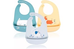 YINGJEE Baberos Impermeables de Silicona para Bebé, Babero Flexible y Suave, Babero Grande y Ajustable para Niño/Niña, 3 Piezas(Blanca/Azul/Amarillo)