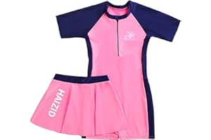 NautySaurs Girls One-Piece Swimsuit with Detachable Skirt, Kids Raglan Sleeve Two-Tone Swimming Costume, Short Sleeve Swimwear for Big Girls