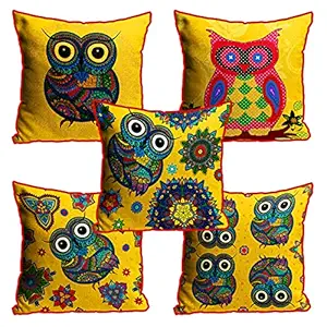 DreamVio Jute Fabric Printed Decorative Throw/Pillow Covers, Cushion Covers for Living Room, Bed Room, Sofa,Chairs Pack/Set of 5 Multi Flowers (Multicolour, Size 16 x 16 Inches) Style 7
