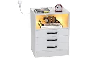 Lvhecforhm Nachttisch, Couchtisch mit Steckdosen und USB-Anschlüsse, LED Licht 16Farben Beleuchtung, Weiß Ladestationm, Beistelltisch Schublade Offenen Fächern, 45x35x60cm, HJ368935_01