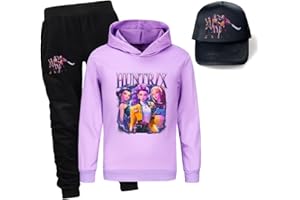 Moollyfox Huntrix Sweat à capuche 3 pièces pour enfant + pantalon de jogging + casquette de baseball, impression dessin animé, sweat à capuche et pantalon & chapeau fille garçon cadeau