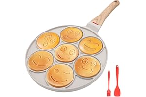 Bobikuke Padella Pancake Smile, Pancake Piastra Antiaderente 7 Fori Padella Frittata Piatto Colazione per Bambini 26 cm - Bianco