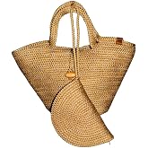 Moderin Style Jute Decorative Natural Wooden Button Bag Set for Women - 2-Piece Washable Bohemian Zippered Wallet and Cosmetics