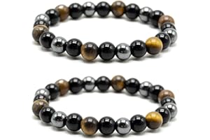 SZCXDKJ Bransoletka z koralikami, potrójna ochrona, 2 szt., 8 mm, tygrysie oko, hematyt, koraliki i czarny obsydian, bransoletka z kamieniami szlachetnymi, bransoletka dla ochrony, przynosząca szczęście i