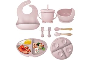 Hoidokly Kinderteller Sets Silikon, 8 Stücke Geschirr Rutschfest mit Saugnapf BabyTeller, Schüssel, Einstellbar Lätzchen, Tasse, Löffel Gabel, BPA Freie Spülmaschine und Mikrowelle Safe(Hell-Pink)