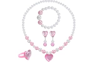 TWERUNA Handmade Pearl Kids Jewelry Set for Girls, Heart Pendant Toddler Jewelry Set, Stretch Necklace Bracelets Adjustable Heart Rings and Clip on Earrings, Cute Pink Little Girl Jewelry for Dress Up