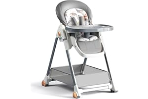 DZIRANAM Sedia Alta per Bambini 6 opzioni di altezza 3 posizioni reclinabili 2 vassoi staccabili Pieghevole compatto Ruote opzionali(Grigio)