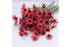 OUKEYI 12 wiązek sztucznych kwiatów, sztuczne stokrotki, odporne na promieniowanie UV, na zewnątrz, sztuczne polne kwiaty z łodygami, sztuczna zieleń, krzewy, rośliny, aranżacje do dekoracji ślubnej, dekoracja domu (czerwone)