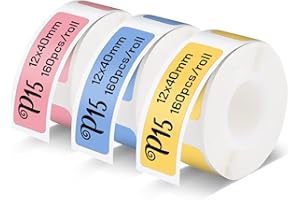 ‎PRISTAR Pristar P15 Etiketten, 3 Rollen 12mm * 40mm Selbstklebendes Thermoband Etiketten, Kompatibel mit P15 Etikettendrucker, Pink+Gelb+Blau, 160 Etiketten/Rolle