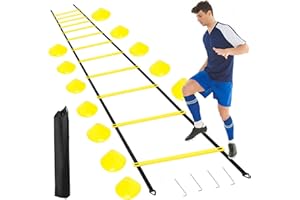 MINSHUXI 6m Escalera de Agilidad Juego de Entrenamiento Escalera de 12 peldaños con Futbol Conos Entrenamiento Escalera 12 Conos de Campo y 4 Clavos para Entrenamiento de coordinación