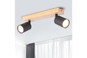 ANWIO Lámpara Techo Focos, 2 Focos Led Interior Techo Base GU10, Apliques Techo Focos Negro con Base Madera Rectangular, Giratorios Plafón Foco de Techo LED(Sin Bombillas).