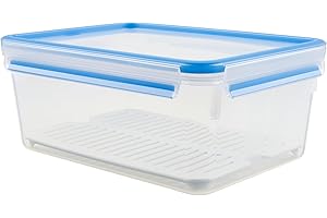 Emsa 512888 Contenitore per alimenti con vassoio antigoccia, Volume 3,7 litri, Dimensioni 26,3 x 19,5 x 11 cm, Trasparente / Blu, Clip & Chiudi
