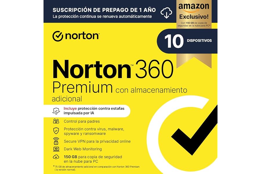 Norton 360 Premium Exclusivo Amazon*|Antivirus 10 Dispositivos|1 año con renovación automática| Descarga digital