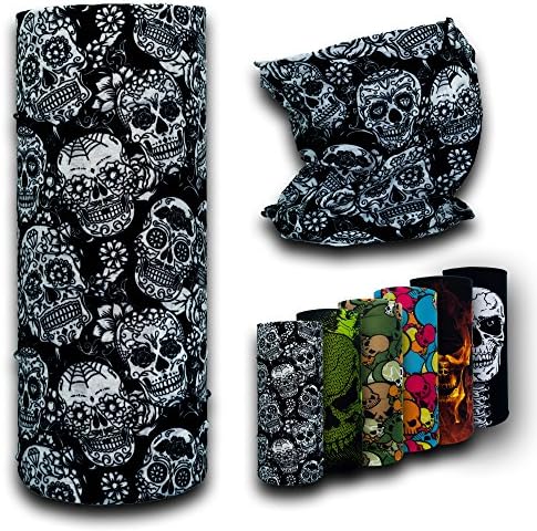 VersaScarf Skulls | Multi-Functional Head-Wear | Neck Tube Snood Balaclava Bandana Mask Scarf Warmer for Men, Women &amp; Kids (Black and White Skull)