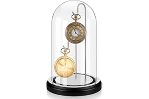 Beeveer 4 x 7 Inch Pocket Watch Glass Display Dome Cloche with 2 Hooks Clear Pocket Watch Display Case Stand Glass Cloche Showcase with Wood Base for Ornaments Medals Collectibles (Black and Silver)