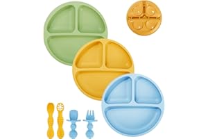 SOBEAU Piatto a Ventosa per Bambini 7 Pezzi, Piatto per Bambini con 3 Piatti Piani, 4 Forchette e Cucchiai, per Bambini Piccoli e Autoalimentazione Senza BPA (Blu)