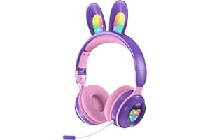 Woukksy 2023 Bluetooth Kopfhörer Kinder, Faltbarer Kabellos Kinderkopfhörer mit Abnehmbarem Mikrofon, Hasenohr LED Leuchten, Kinder Kopfhörer 85dB Lautstärkebegrenzung für Schule/Reisen (Pink Lila)