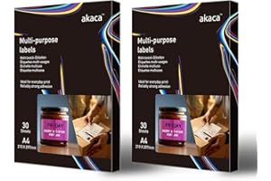 akaca A4 Papier adhésif pour imprimante, étiquettes autocollantes (1 par Feuille | 60 Feuilles)