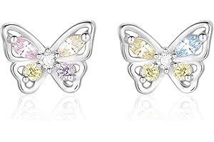 BUKYCAT Pendientes de Botón Mariposa de Plata de Ley 999, Zirconia Cúbica Hipoalergénicos para Niña con Caja de Regalo