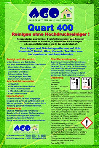 Quart ® 400 Hochkonzentrat Grünbelagentferner 2 Liter Konzentrat. Gegen Algen und sonstige Grünbeläge auf jedem Material, Chlor- und Säurefrei BAuA-N25201 - 2
