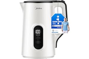 Midea Czajnik elektryczny z regulacją temperatury, 1,5 litra, 2200 W, podwójna ścianka, czajnik biały, z wyświetlaczem temperatury i funkcjami bezpieczeństwa, czajnik ze stali nierdzewnej, bez BPA