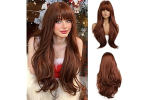 Esmee Peluca larga de 26 pulgadas de color castaño oscuro con flequillo y puntas del pelo ligeramente rizadas Pelucas de pelo sintético natural liso para mujeres Uso diario en fiestas Cosplay