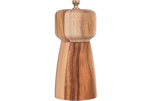 DeroTeno Molinillo de sal o pimienta con núcleo de cerámica ajustable, molinillo de especias para pimienta y sal, madera de acacia, 14 cm de altura, diámetro inferior: 6 cm (bandeja no incluida)