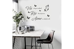 FNGEEN Décalcomanie Murale Française Inspirante - "Vis, Ris, Aime" avec Papillons Élégants - Motivation Quotidienne pour Chambres, Le Salon，Salle d'étude & Espaces Positifs (45x58cm)