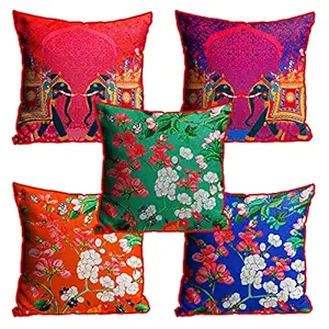 DreamVio Jute Fabric Printed Decorative Throw/Pillow Covers, Cushion Covers for Living Room, Bed Room, Sofa,Chairs Pack/Set of 5 Multi Flowers (Multicolour, Size 24 x 24 Inches) Style 39