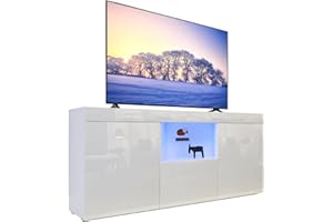 Dripex Meuble TV, Bas, avec éclairage LED, Blanc Brillant, avec Portes et Rabat, 135 x 70 x 35 cm