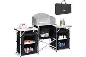 BAKAJI Tavolo Cucina Da Campeggio Portatile Pieghevole In Alluminio Con Cucinotto Con Paravento e 2 Vani Portaoggetti In Tessuto Nero 173,5 x 49 x 111 cm