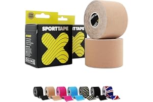 SPORTTAPE Taśma kinezjologiczna 2 rolki 5 cm x 5 m - beżowa - sportowa i wodoodporna kinesiotape na kolana, kostkę, ramię - hipoalergiczna na urazy i fizjoterapię