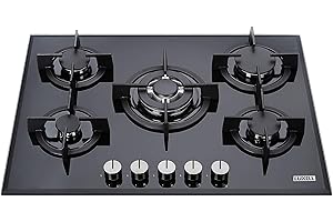 Piano Cottura a Gas 75 cm, 5 Fuochi, Vetro Temperato Nero, Griglie in Ghisa, Accensione Automatica, Bruciatore Wok 3500W, Metano e GPL