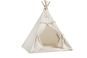 RAINBOW KIDS Namiot tipi dla psa, bardzo przestronny, wysokość 95 cm, odporny na zarysowania, idealna jaskinia dla zwierząt domowych, odporny na zapachy/plamy, materiał, certyfikat Oeko-Tex 100 (beżowy pompon)