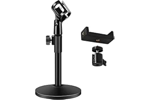 Getaria Supporto per microfono da scrivania Supporto per microfono da tavolo multifunzionale regolabile con clip per microfono,Clip per telefono cellulare,Adattatore in metallo (Base rotonda)