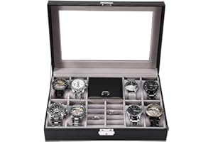 ZiaWorld Watch Display Box, Fathers Day Gift, Watch & Ring Organizer with 8 Watch Slots 2 Grids, Men & Women Jewelry Ring Cufflink Watch Storage Box, Suede Interior, Scratch Resistant, Jewelry Case