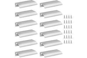 Cjueiom 12 Pack Concealed Kitchen Cupboard Handles 64mm Hole Center Hidden Drawer Pulls, Finger Edge Pull Aluminum Cabinet Handle Invisible Door Knob for Wardrobe (80mm Total Length, Silver)