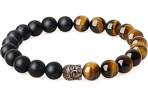 COAI Pulsera Budista Unisex con Cuentas de Ónix Mate y Piedras Naturales y Amuleto Cabeza de Buda