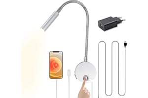 ‎YNDD Reading Lamp Bed Wall Mounted Dimmable LED Bed Lamp Wall with Plug, USB Charging Port, Touch Switch, 230 V Aluminium Flexible Gooseneck Bed Light with Cable, Wall Light for Bedroom, Silver