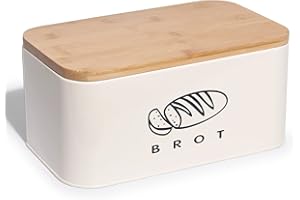 Theo&Cleo, contenitore per il pane con coperchio, in bambù ecologico, può essere utilizzato come tagliere, spazioso contenitore per pane in metallo, 30 cm x 18 cm x 14 cm, beige